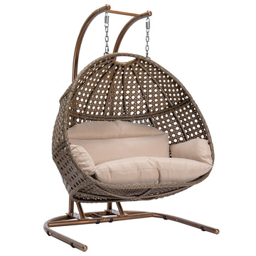 Double Seat Swing Chair With Stand And Cushion Brown Beige Cotton Rattan