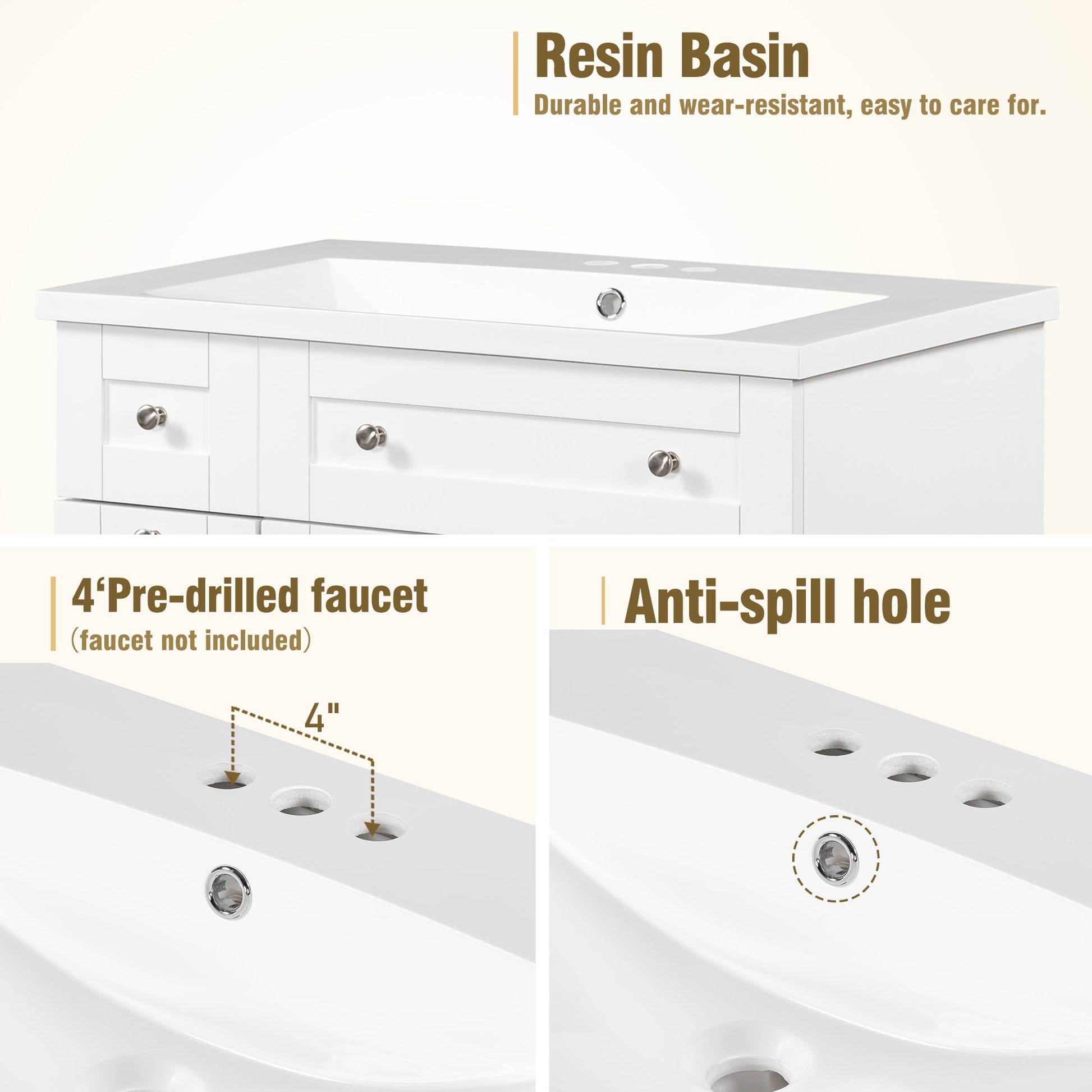 30 Inch White Bathroom Vanity With Ceramic Sink Combo, Abundant Storage Cabinet 2 Soft Close Doors And Double Tier Deep Drawer White Bathroom Mdf