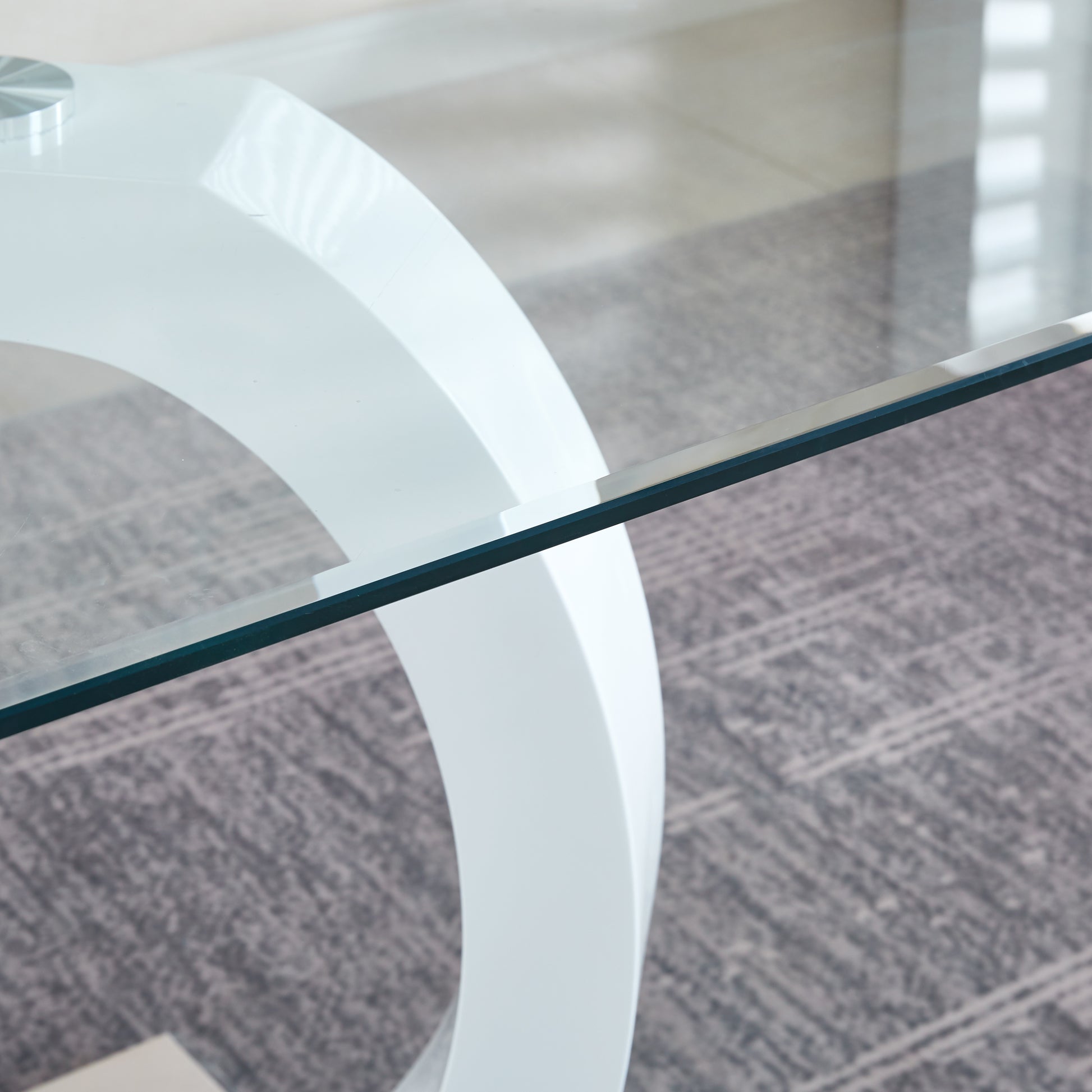 Modern Design Tempered Glass Dining Table With White Mdf Middle Support And Stainless Steel Base White Tempered Glass