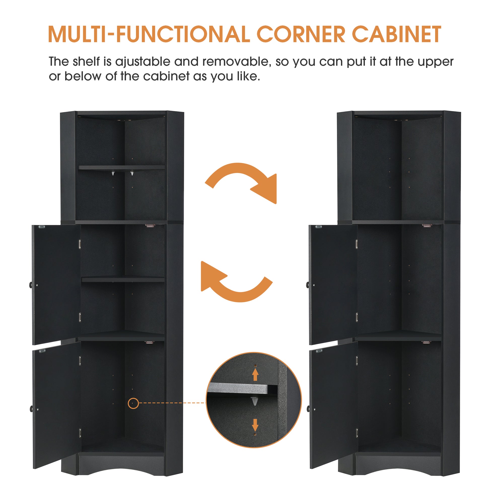 Tall Bathroom Corner Cabinet, Freestanding Storage Cabinet With Doors And Adjustable Shelves, Mdf Board, Black Black Mdf