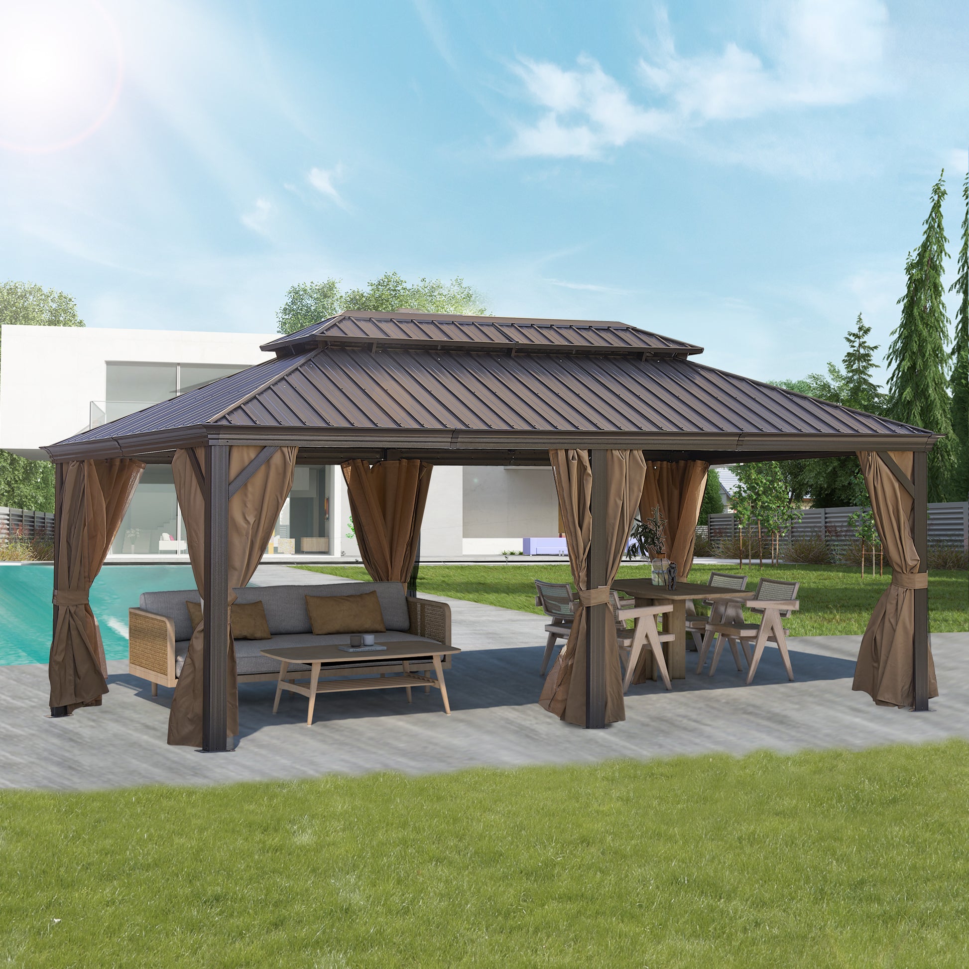 12*20Ft Patic Gazebo,Alu Gazebo With Steel Canopy,Outdoor Permanent Hardtop Gazebo Canopy For Patio, Garden, Backyard Bronze Steel