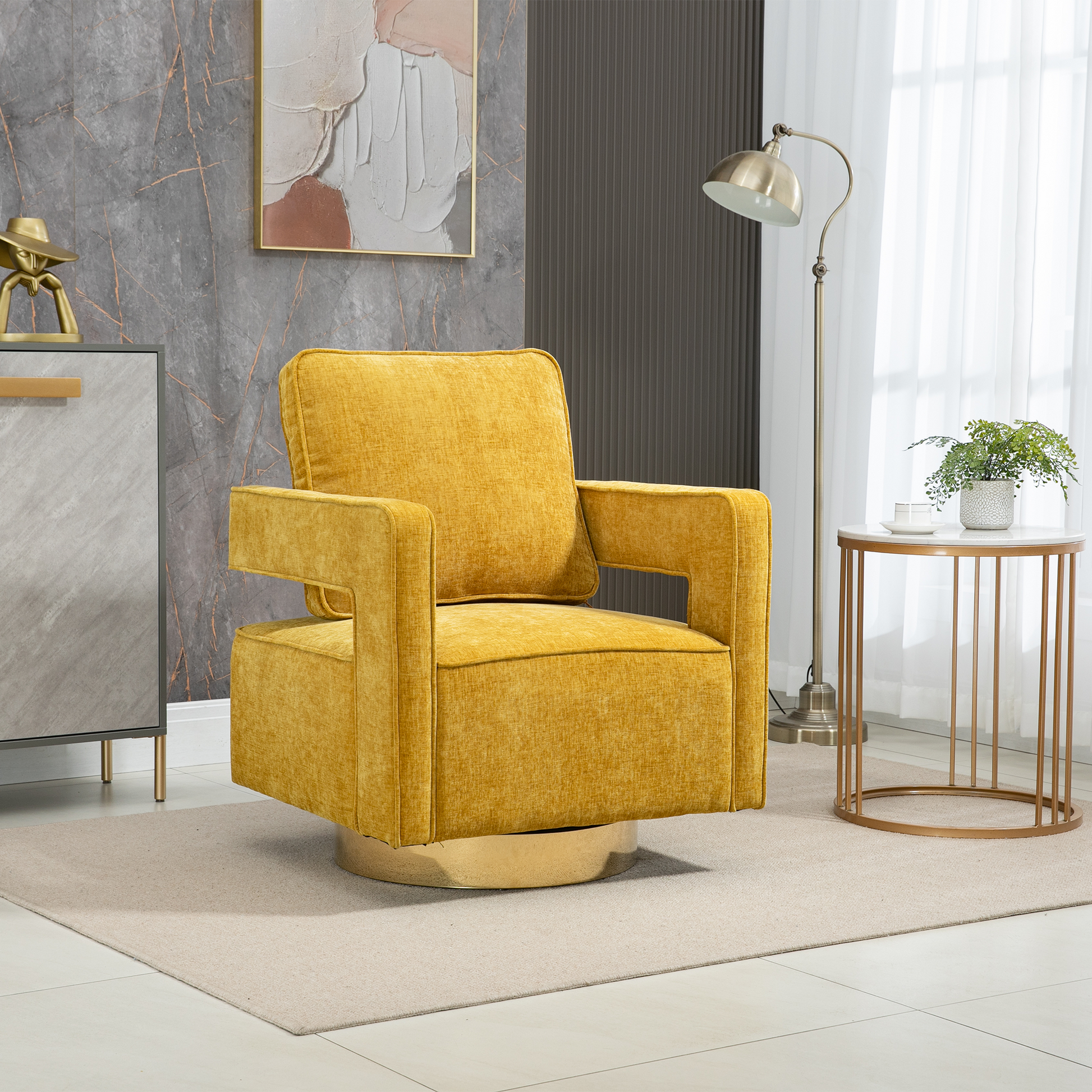 30.7"W Swivel Accent Open Back Chair Modern Comfy Sofa Chair With Gold Stainless Steel Base For Nursery Bedroom Living Room Hotel Office, Club Chair Leisure Arm Chair For Lounge Mustard Chenille