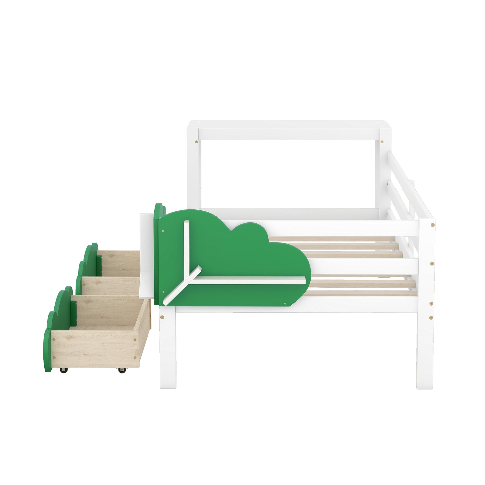 Twin Size Daybed With Desk, Green Leaf Shape Drawers And Shelves, White White Pine