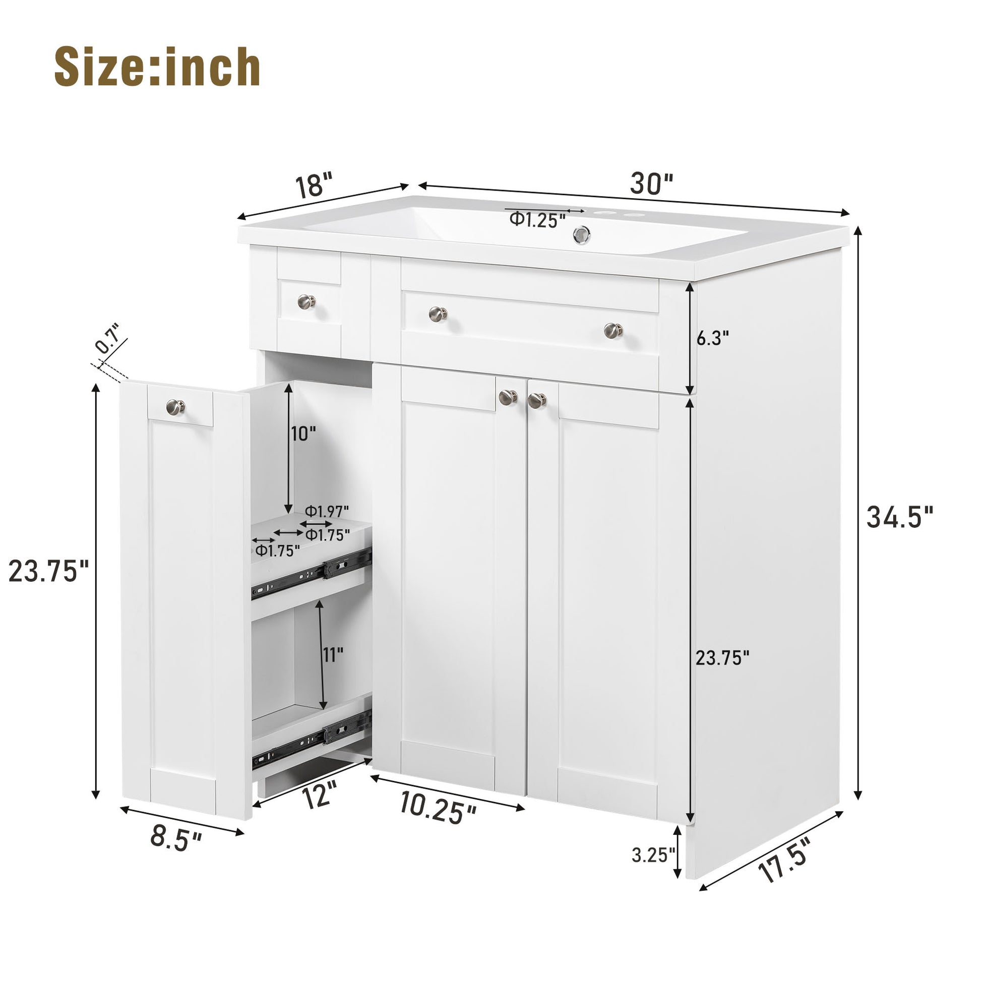 30" White Bathroom Vanity With Single Sink ,Combo Cabinet Undermount Sink,Bathroom Storage Cabinet Vanities White Mdf