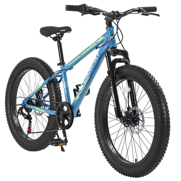 S24109 24 Inch Fat Tire Bike Adult Youth Full Shimano 7 Speeds Mountain Bike, Dual Disc Brake, High Carbon Steel Frame, Front Suspension, Mountain Trail Bike, Urban Commuter City Bicycle Cycling Green Without Anti Slip Garden & Outdoor American