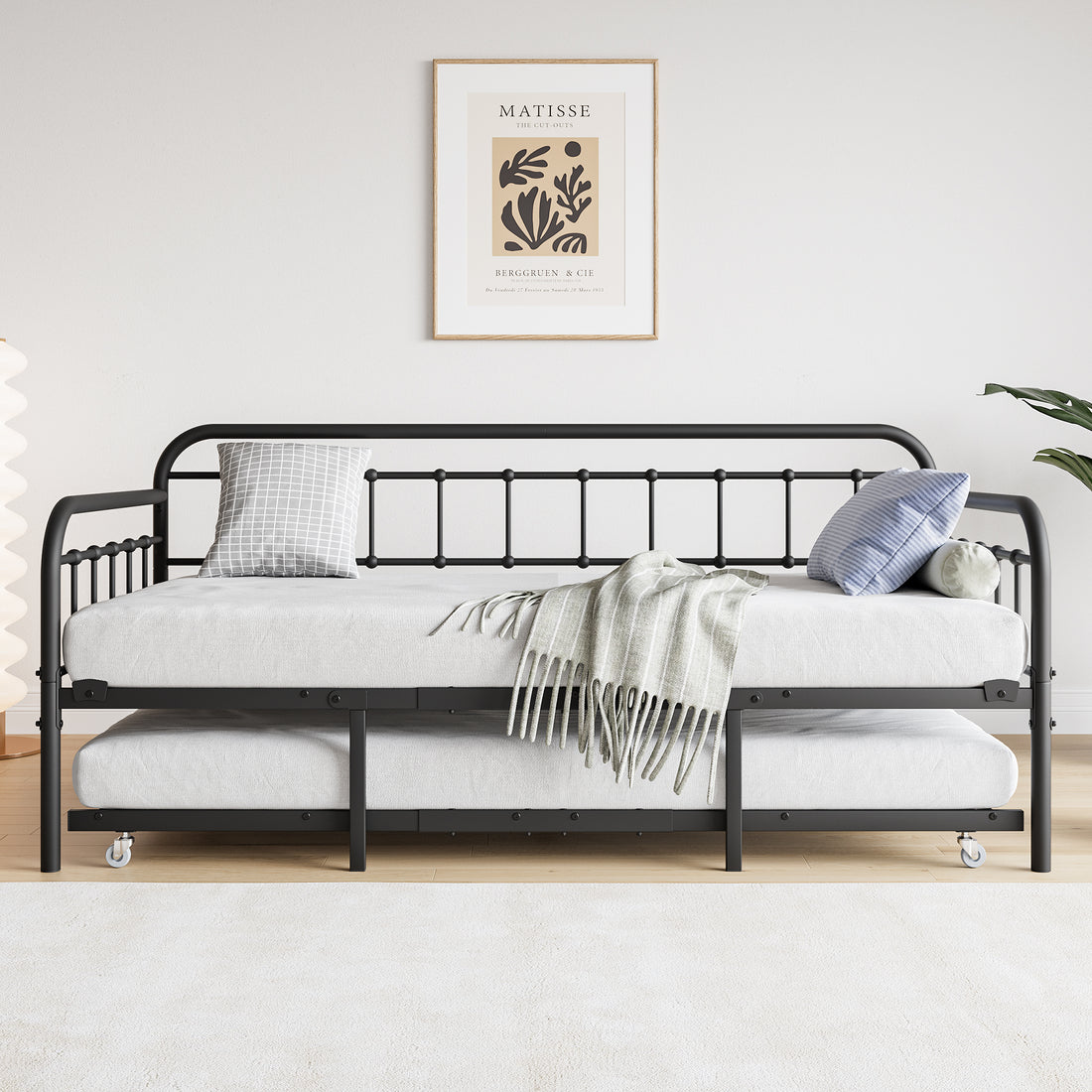 Twin Size Metal Daybed Frame With Trundle, Heavy Duty Steel Slat Support Sofa Bed Platform With Headboard, No Box Spring Needed, Black Box Spring Not Required Twin Black Metal Bedroom Metal