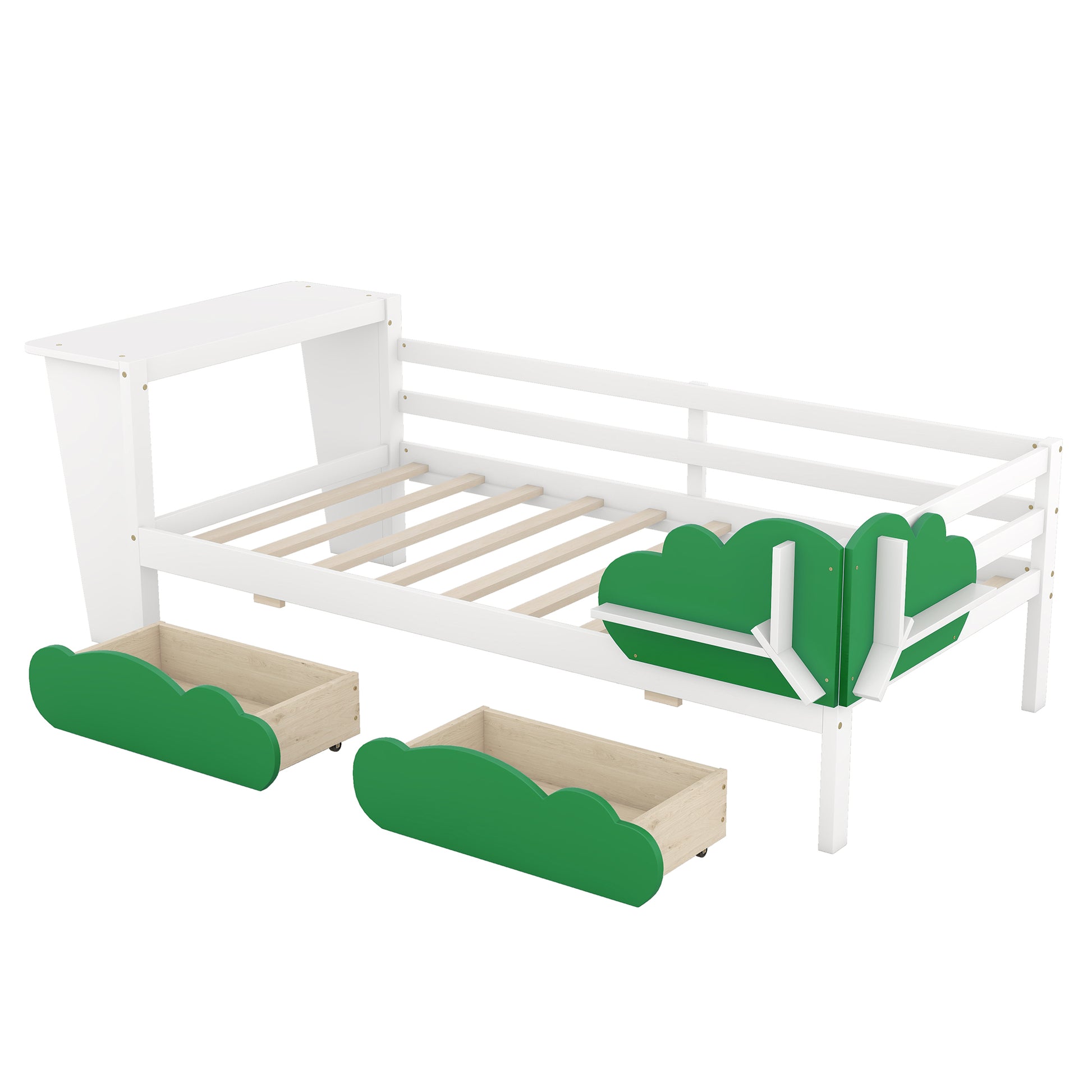 Twin Size Daybed With Desk, Green Leaf Shape Drawers And Shelves, White White Pine