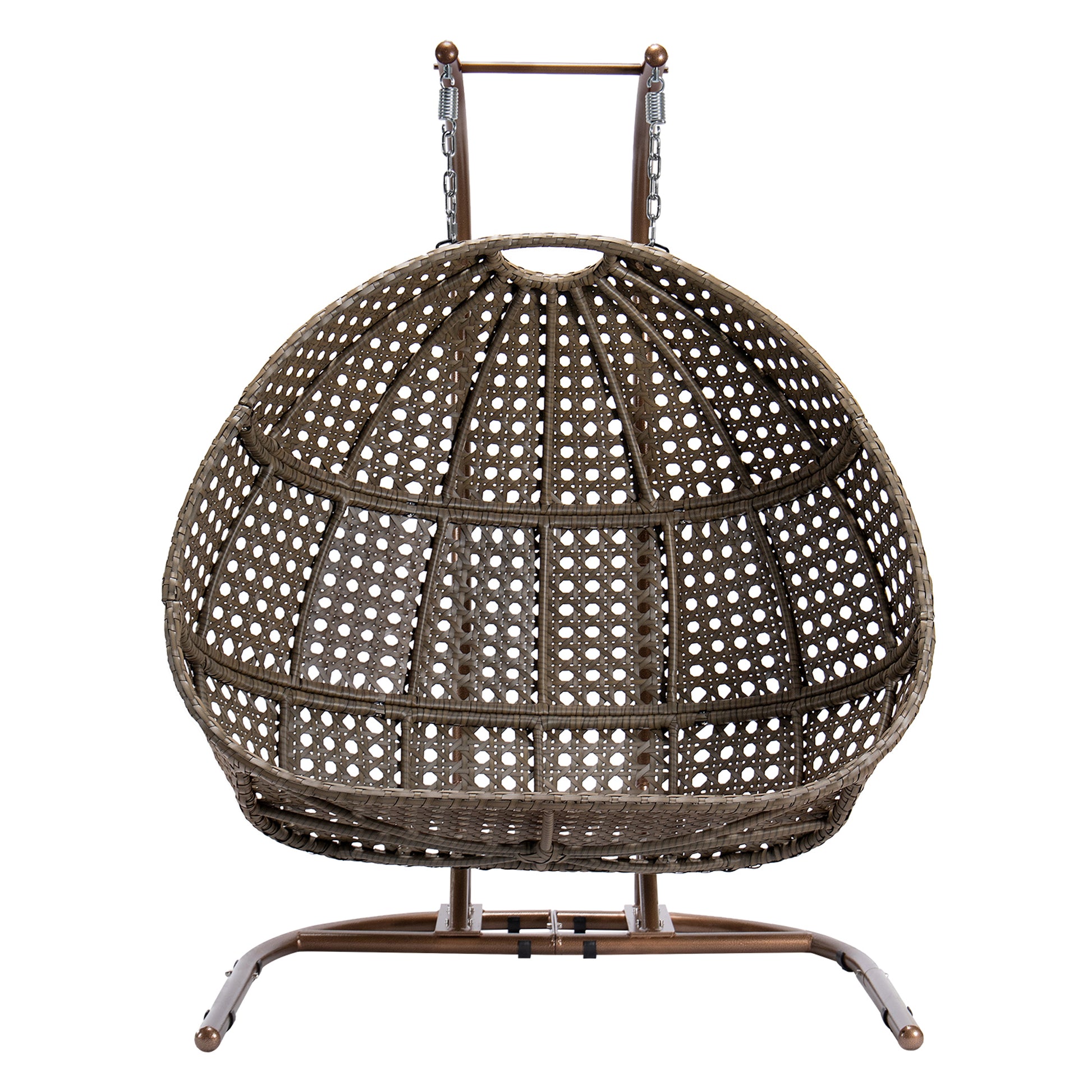 Double Seat Swing Chair With Stand And Cushion Brown Beige Cotton Rattan