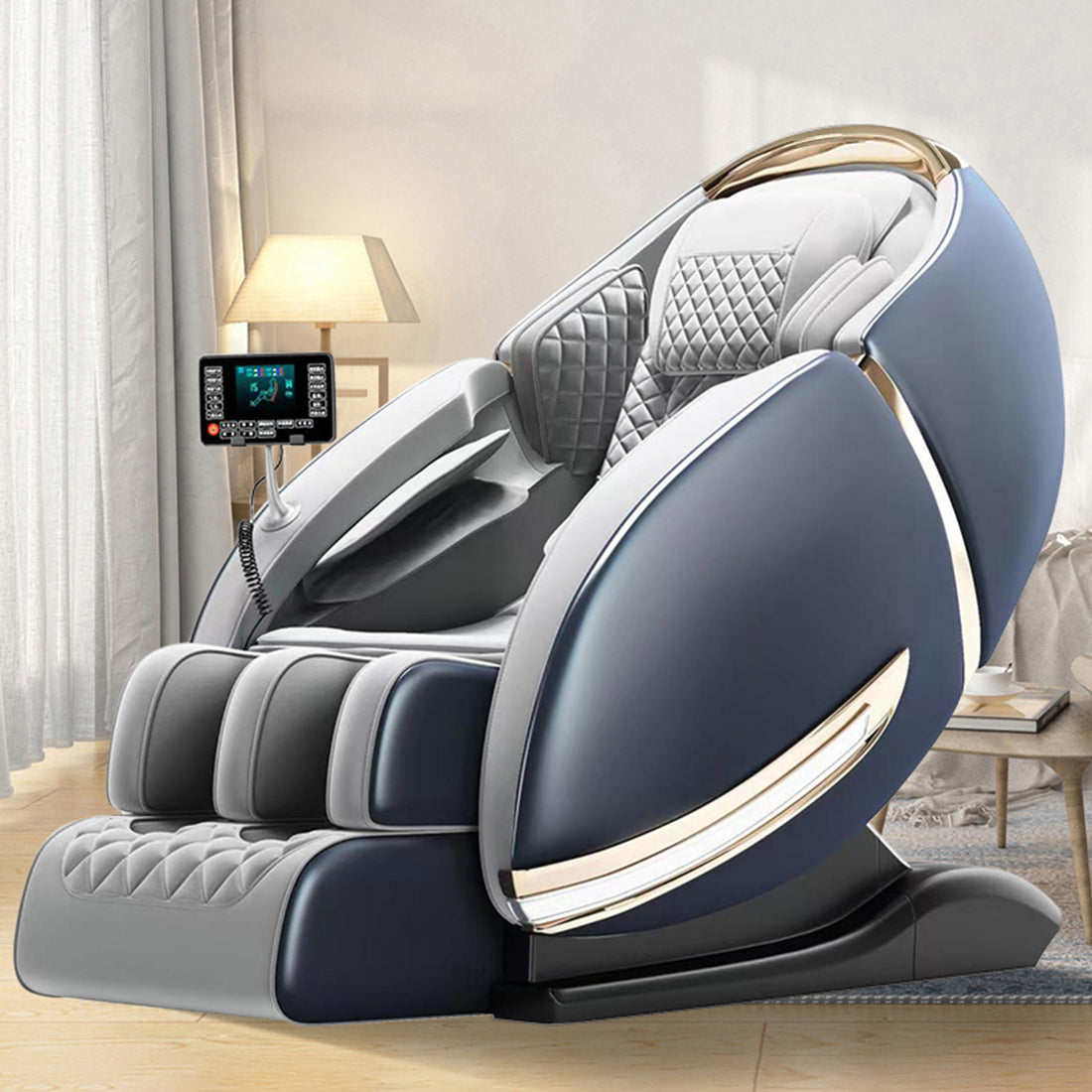 Electric Luxury Back Calf Heat Kneading 3D Ai Voice Zero Gravity Foot Roller Oversize Morden Massage Chair Blue Grey Pu
