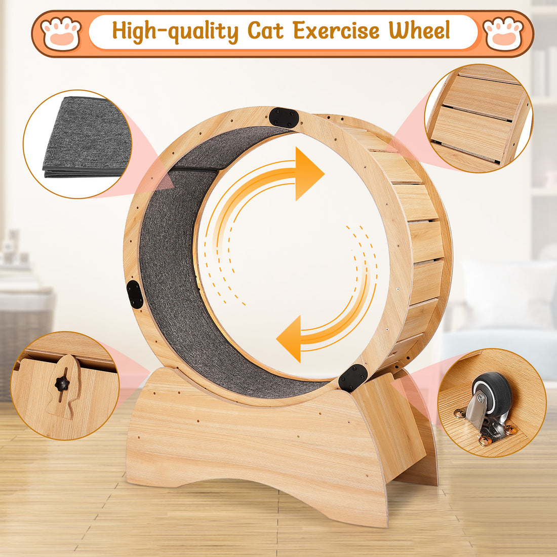 Cat Exercise Wheel Running, Spinning, And Scratching Fun, Cat Treadmill With Carpeted Runway, Kitty Cat Sport Toy, Great For Physical Activity And Reducing Boredom Oak Solid Wood