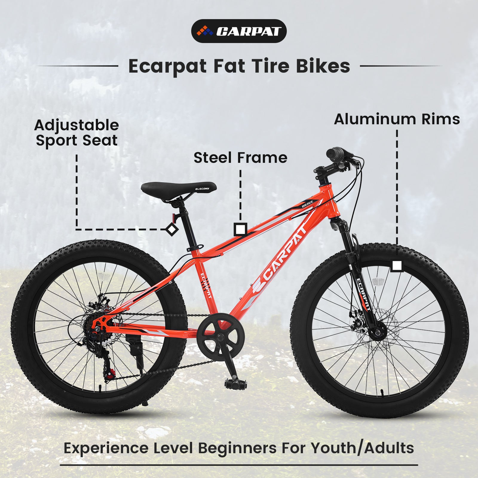 S24109 24 Inch Fat Tire Bike Adult Youth Full Shimano 7 Speeds Mountain Bike, Dual Disc Brake, High Carbon Steel Frame, Front Suspension, Mountain Trail Bike, Urban Commuter City Bicycle Cycling Orange Without Anti Slip Garden & Outdoor American Design