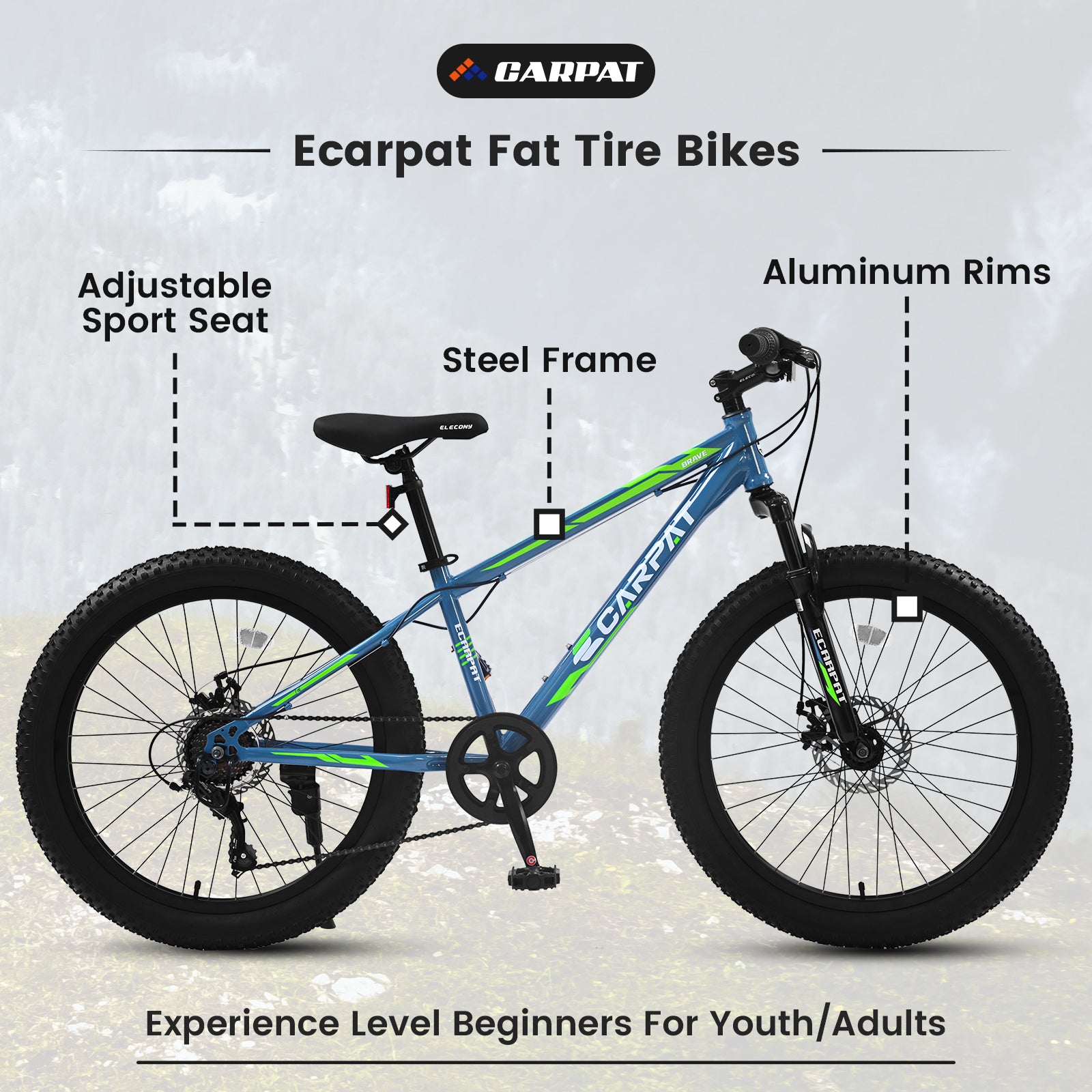 S24109 24 Inch Fat Tire Bike Adult Youth Full Shimano 7 Speeds Mountain Bike, Dual Disc Brake, High Carbon Steel Frame, Front Suspension, Mountain Trail Bike, Urban Commuter City Bicycle Cycling Green Without Anti Slip Garden & Outdoor American