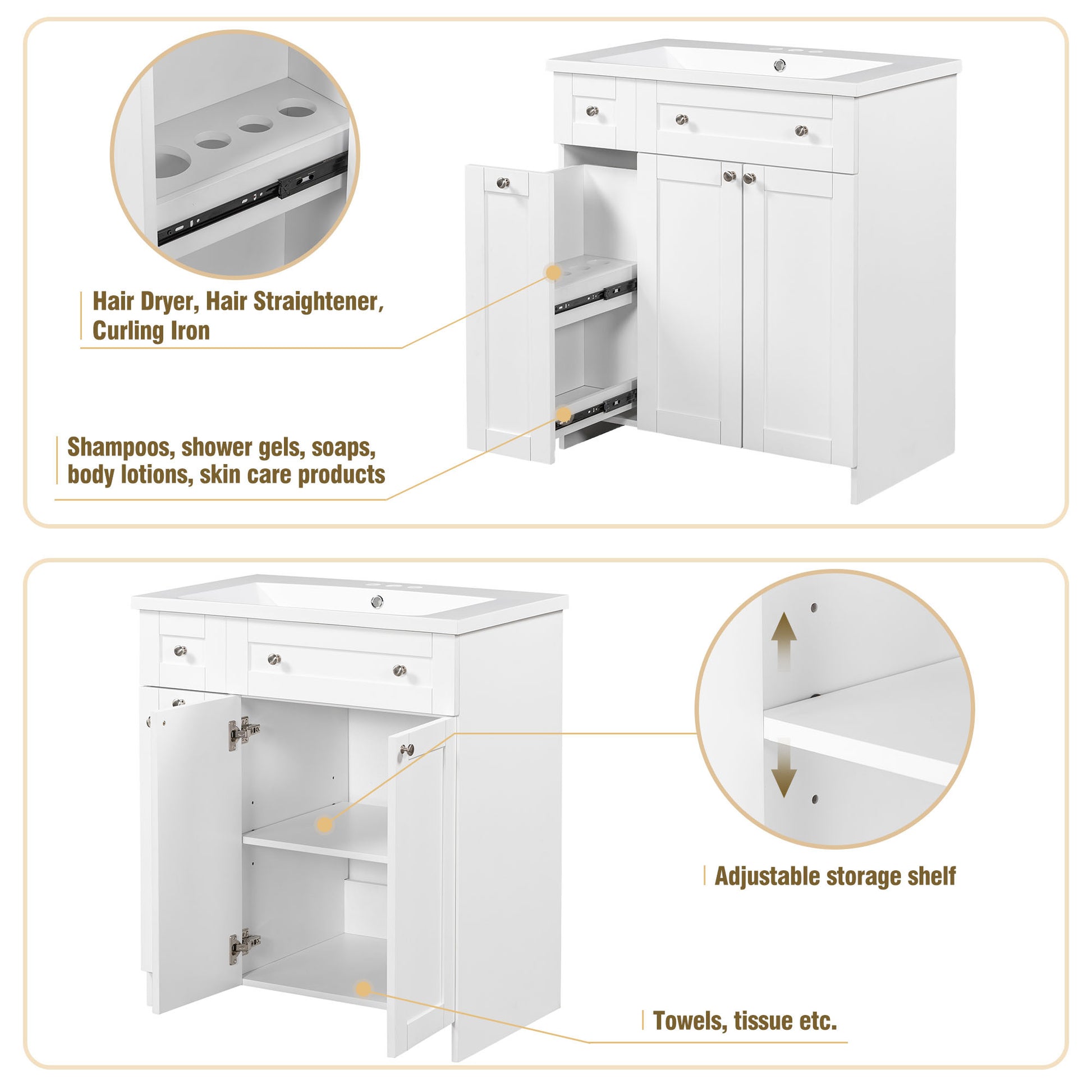 30" White Bathroom Vanity With Single Sink ,Combo Cabinet Undermount Sink,Bathroom Storage Cabinet Vanities White Mdf