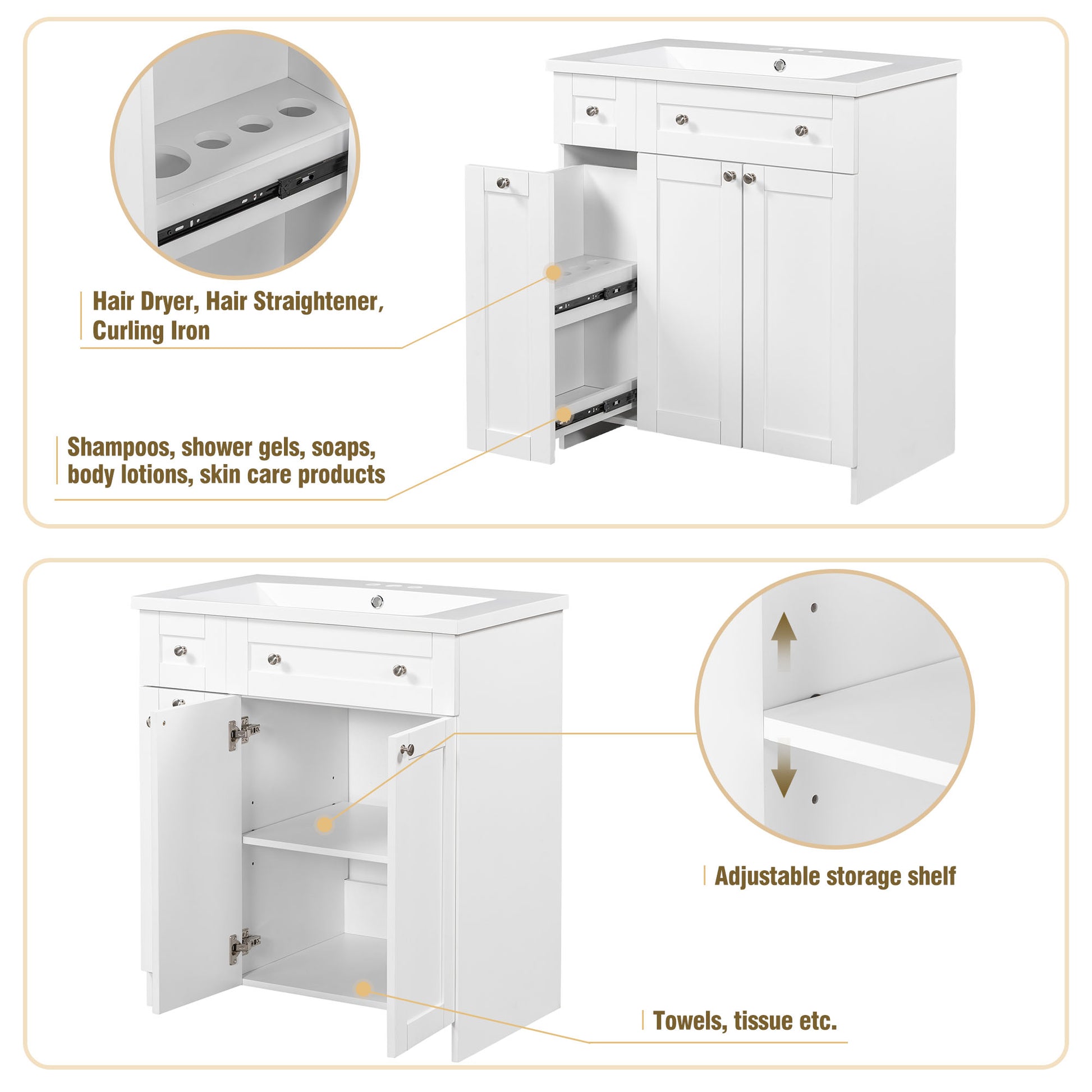 30 Inch White Bathroom Vanity With Ceramic Sink Combo, Abundant Storage Cabinet 2 Soft Close Doors And Double Tier Deep Drawer White Bathroom Mdf