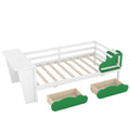 Twin Size Daybed With Desk, Green Leaf Shape Drawers And Shelves, White White Pine