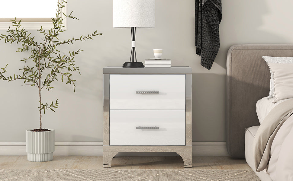 Elegant High Gloss Nightstand With Metal Handle,Mirrored Bedside Table With 2 Drawers For Bedroom,Living Room,White White Particle Board