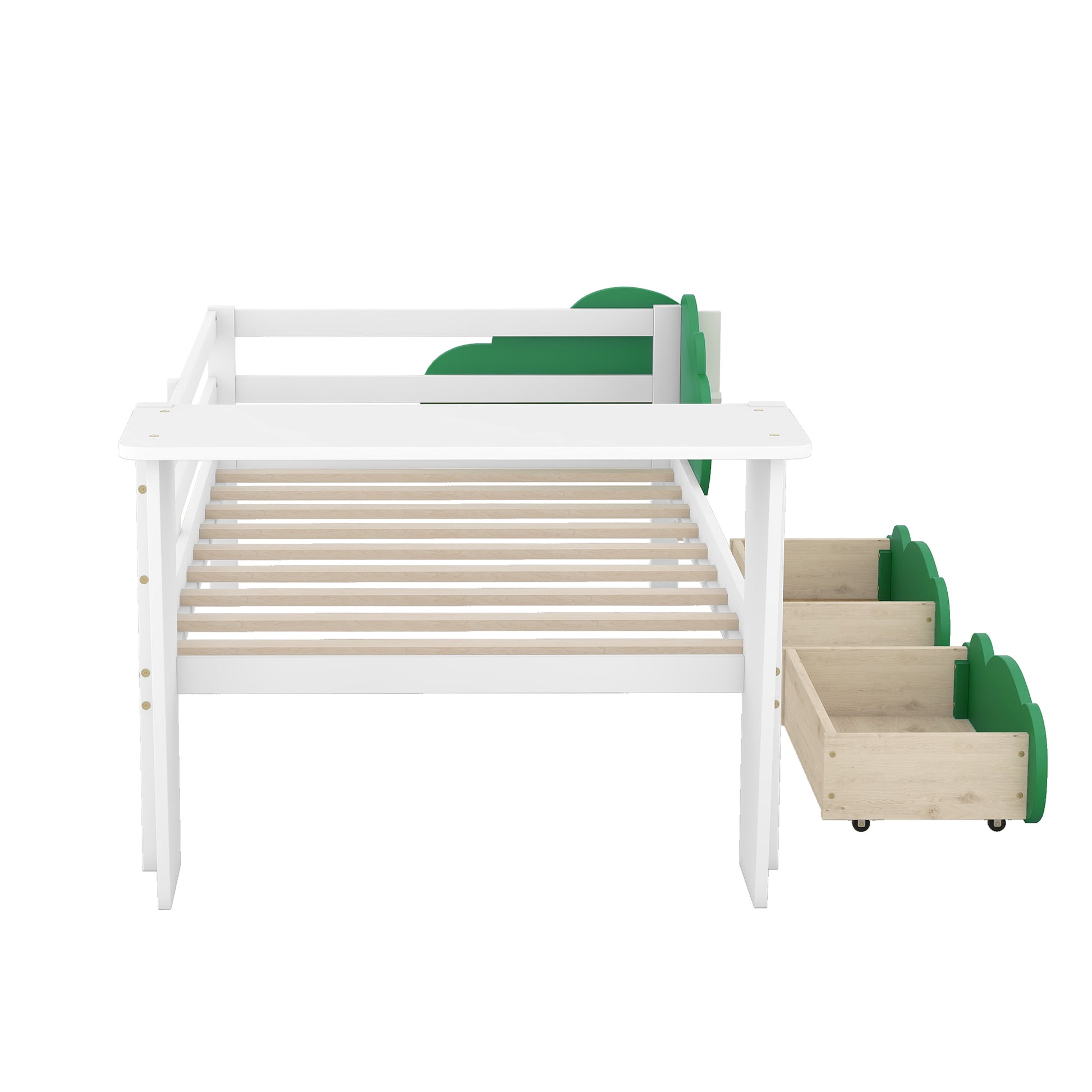 Twin Size Daybed With Desk, Green Leaf Shape Drawers And Shelves, White White Pine