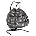 Double Seat Swing Chair With Stand And Cushion Black Blue Cotton Rattan