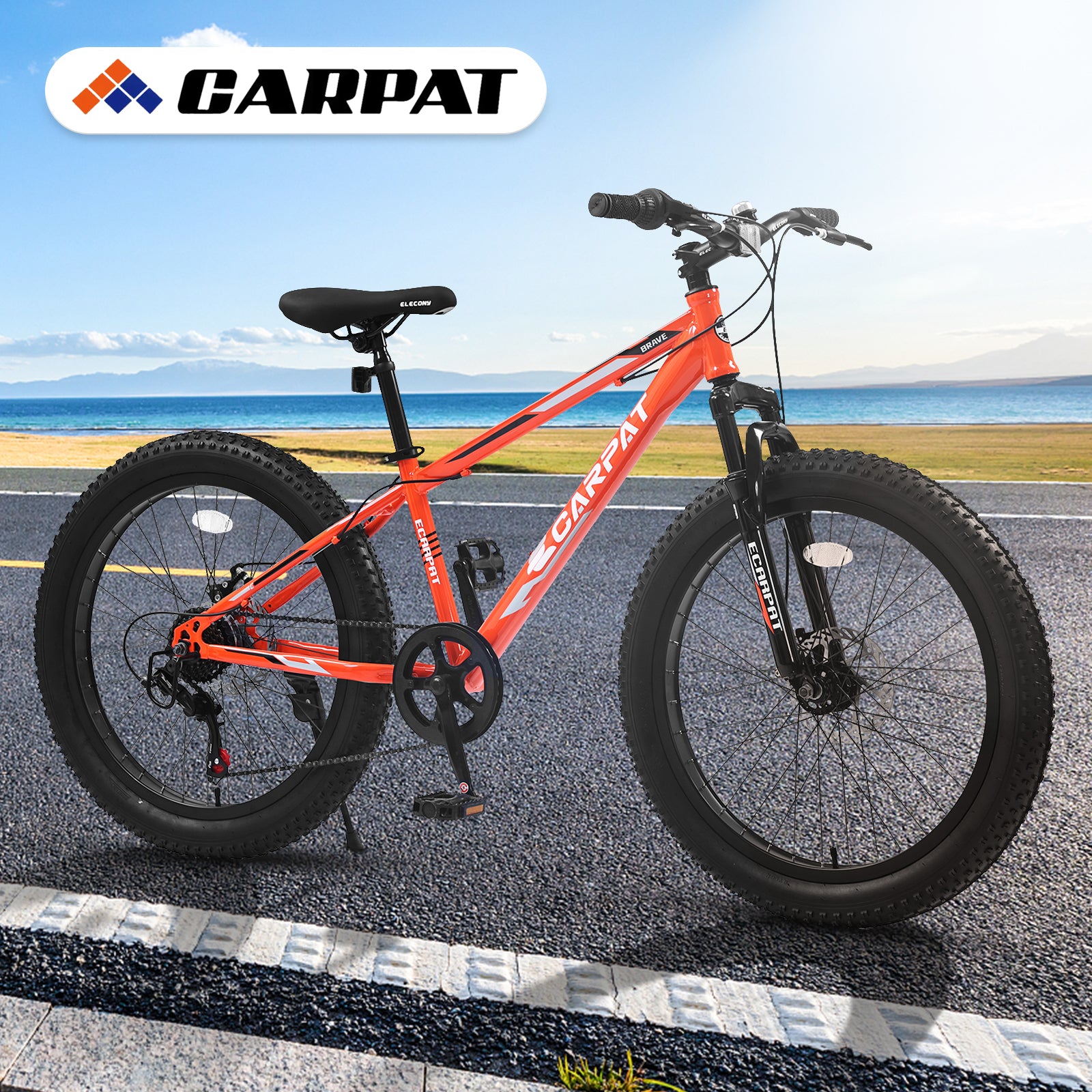 S24109 24 Inch Fat Tire Bike Adult Youth Full Shimano 7 Speeds Mountain Bike, Dual Disc Brake, High Carbon Steel Frame, Front Suspension, Mountain Trail Bike, Urban Commuter City Bicycle Cycling Orange Without Anti Slip Garden & Outdoor American Design