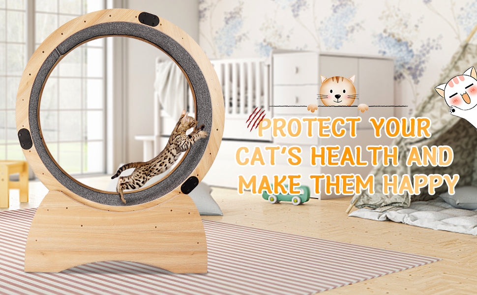 Cat Exercise Wheel Running, Spinning, And Scratching Fun, Cat Treadmill With Carpeted Runway, Kitty Cat Sport Toy, Great For Physical Activity And Reducing Boredom Oak Solid Wood