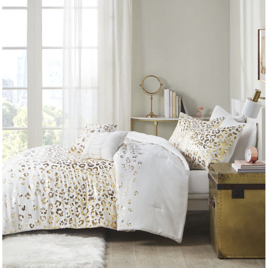 Metallic Animal Printed Comforter Set Ivory Gold Microfiber