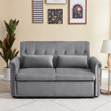 Artemax 55'' Modern Shiny Velvet Convertible Loveseat Sleeper Sofa Couch W 2 Lumbar Pillows, Adjustable Pull Out Bed And Removable Armrest For Nursery, Living Room, Apartment, Home Office Gray Foam Velvet