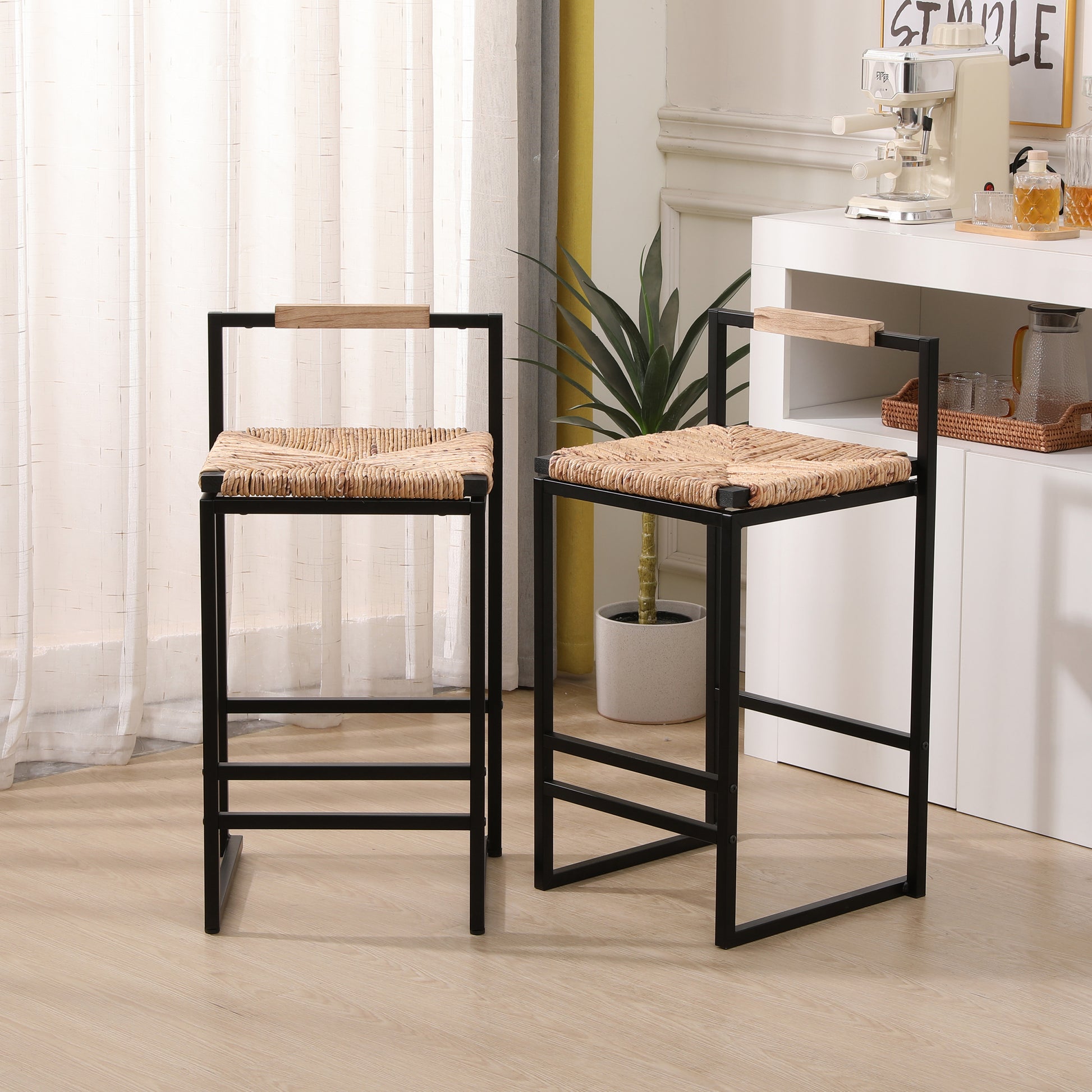 Set Of Water Hyacinth Woven Bar Stools With Back Support Counter Hei