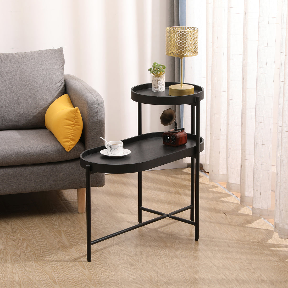 2 Tier Black Side Table With Storage Sofa Table For Living Room Metal Frame & Wooden Desk End Table Black Metal