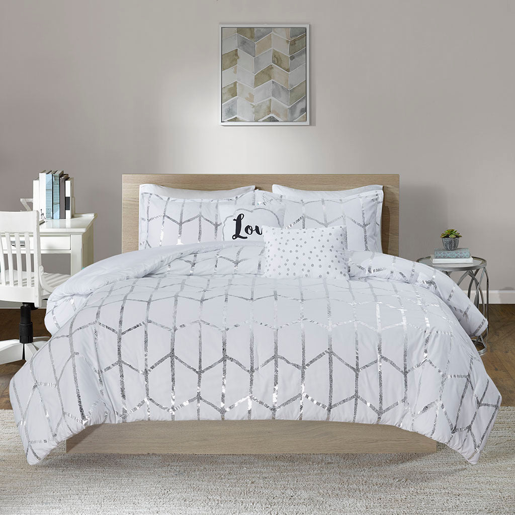 Metallic Printed Comforter Set Queen White Silver Polyester