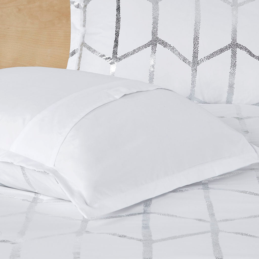 Metallic Printed Comforter Set Queen White Silver Polyester