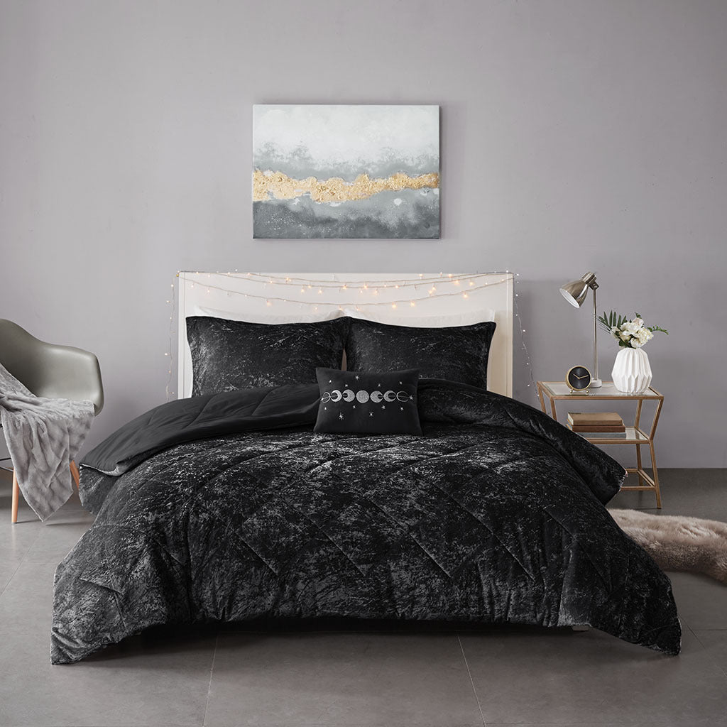 Velvet Comforter Set King Black Polyester