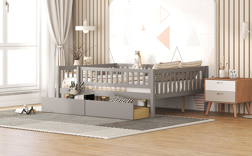 Full Size Daybed Wood Bed With Two Drawers, Gray Full Gray Solid Wood