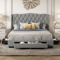 Upholstered Platform Bed With Tufted Headboard And 3 Drawers, No Box Spring Needed, Velvet Fabric, Queen Size Gray Gray Upholstered