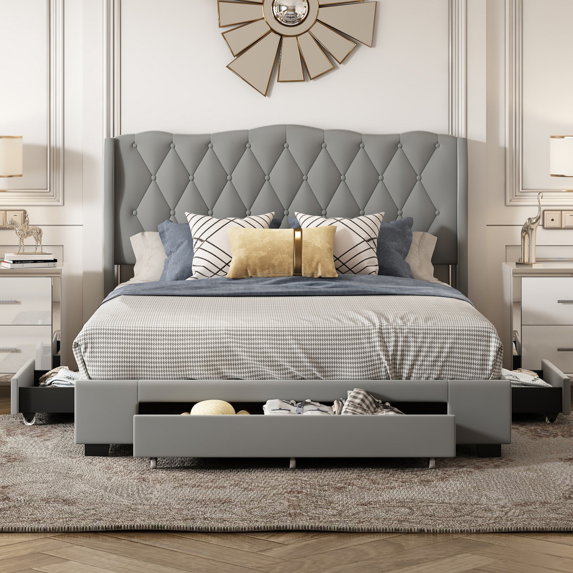 Upholstered Platform Bed With Tufted Headboard And 3 Drawers, No Box Spring Needed, Velvet Fabric, Queen Size Gray Gray Upholstered