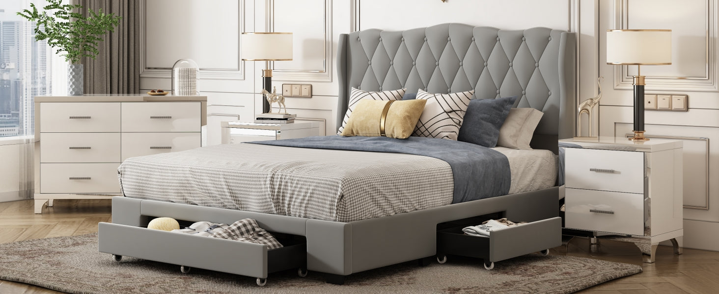 Upholstered Platform Bed With Tufted Headboard And 3 Drawers, No Box Spring Needed, Velvet Fabric, Queen Size Gray Gray Upholstered