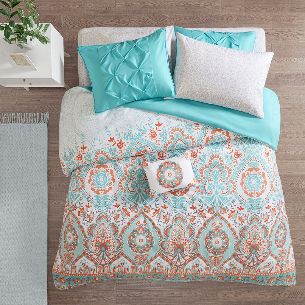 Boho Comforter Set With Bed Sheets Twin Aqua Polyester