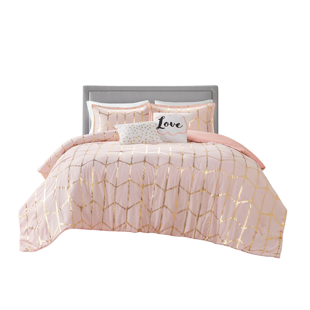 Metallic Printed Comforter Set Full Blush Gold Polyester