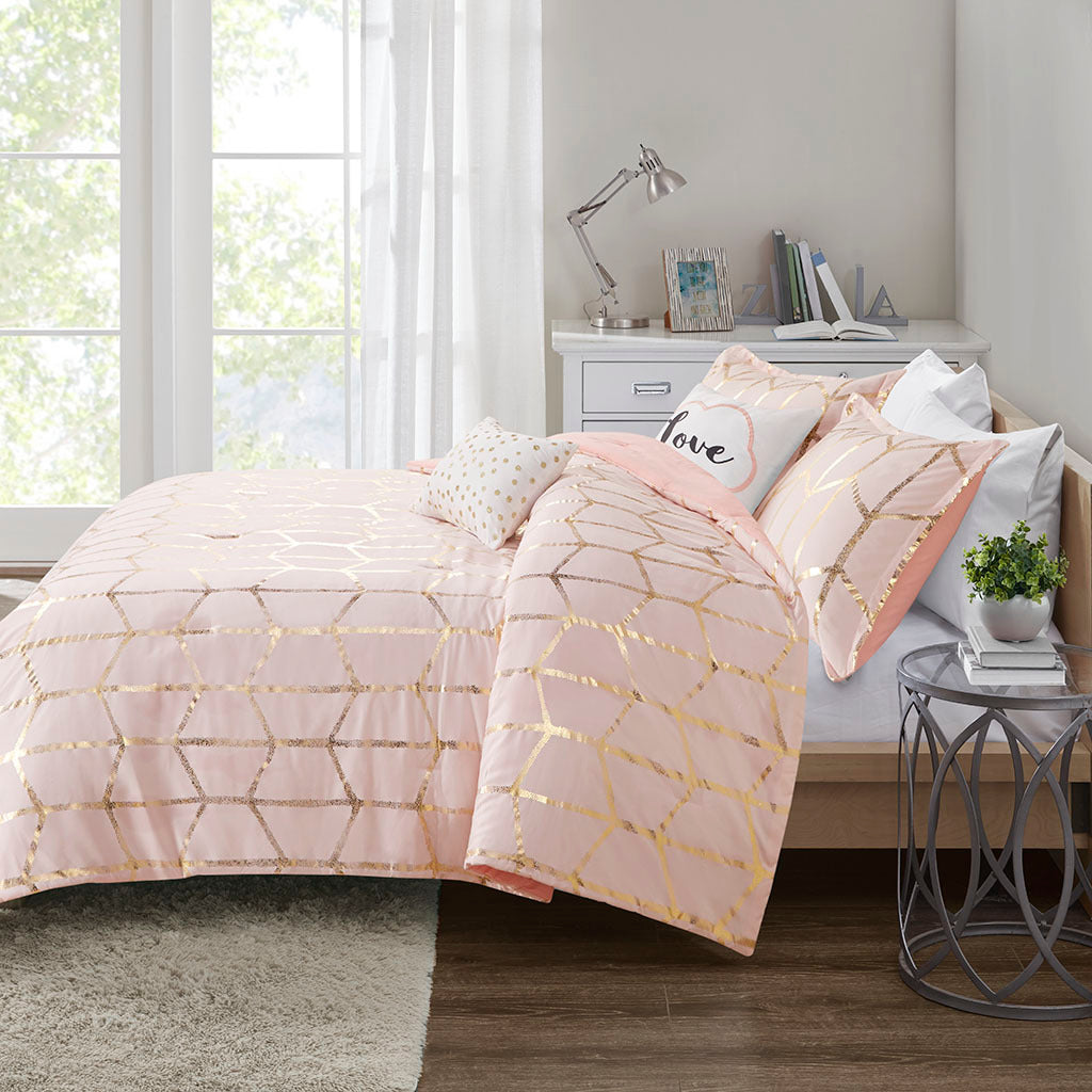 Metallic Printed Comforter Set King Blush Gold Polyester