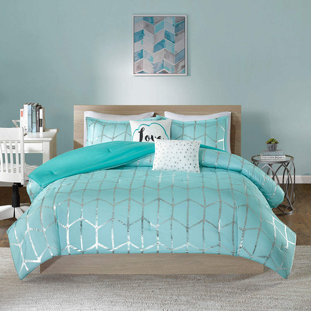 Metallic Printed Comforter Set Full Aqua Silver Polyester