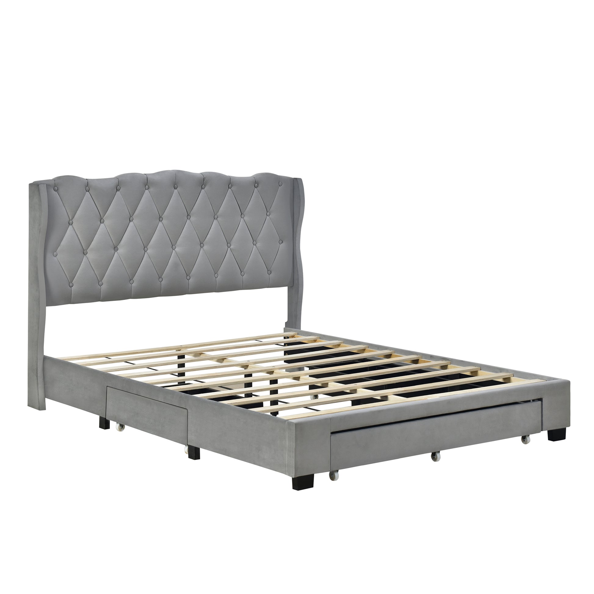Upholstered Platform Bed With Tufted Headboard And 3 Drawers, No Box Spring Needed, Velvet Fabric, Queen Size Gray Gray Upholstered