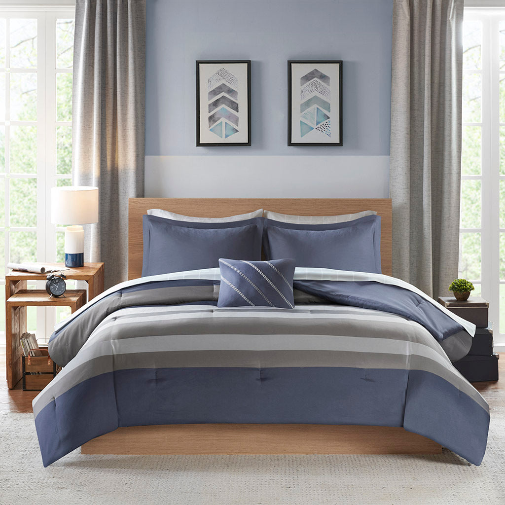 Striped Comforter Set With Bed Sheets Queen Blue Grey Polyester