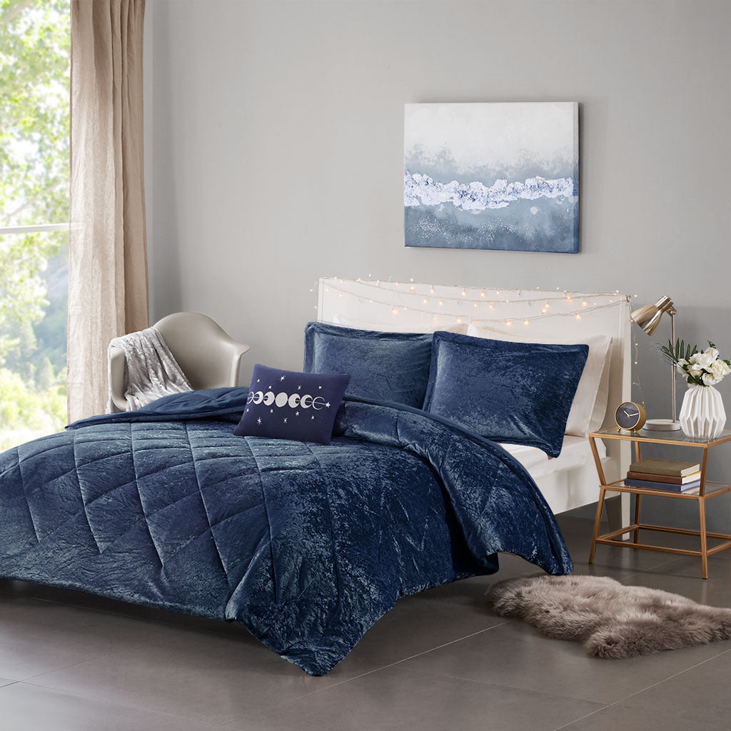 Velvet Comforter Set Full Navy Polyester