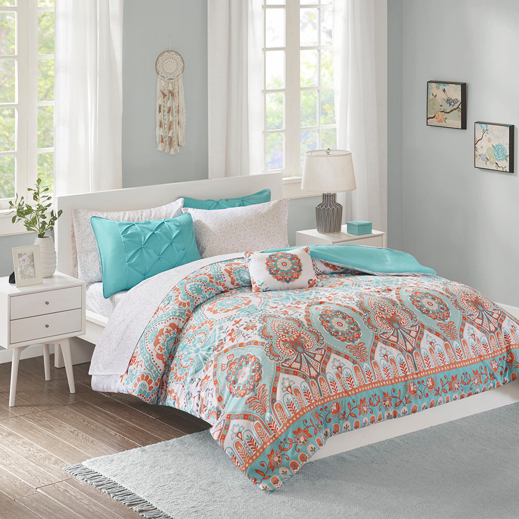 Boho Comforter Set With Bed Sheets Queen Aqua Polyester