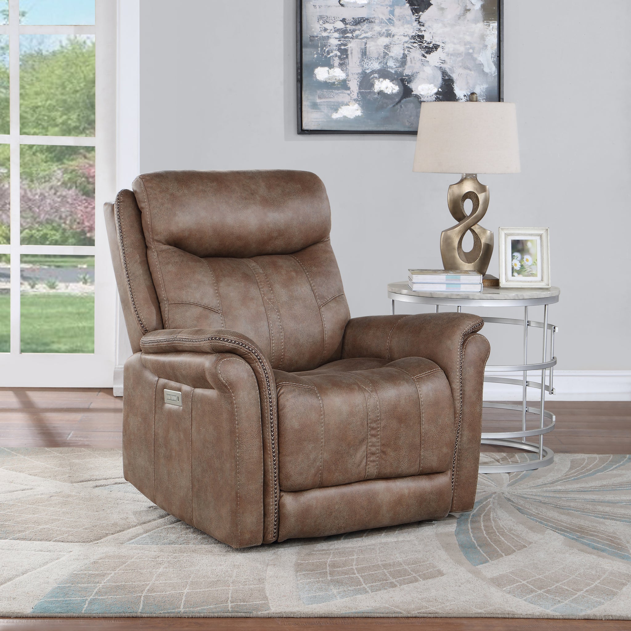 Luxurious Dual Power Recliner Warm Camel Faux Suede, Power Footrest, Power Headrest Meticulous Craftsman, Built In Usb Charging Port Camel Foam Fabric