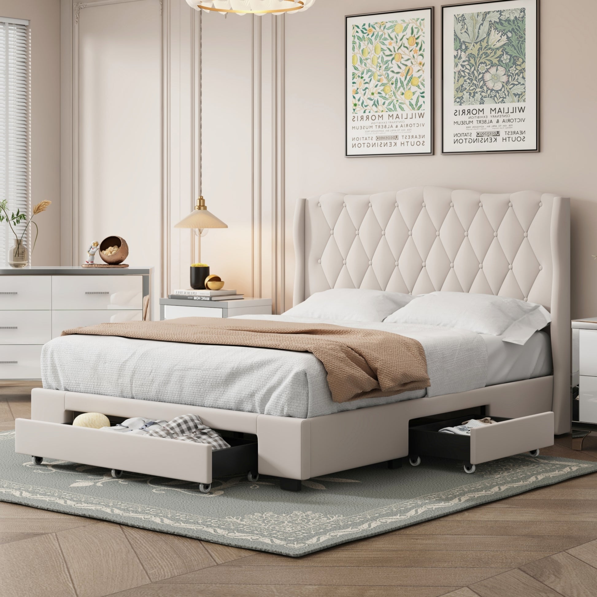 Upholstered Platform Bed With Tufted Headboard And 3 Drawers, No Box Spring Needed, Velvet Fabric, Queen Size Beige Beige Velvet