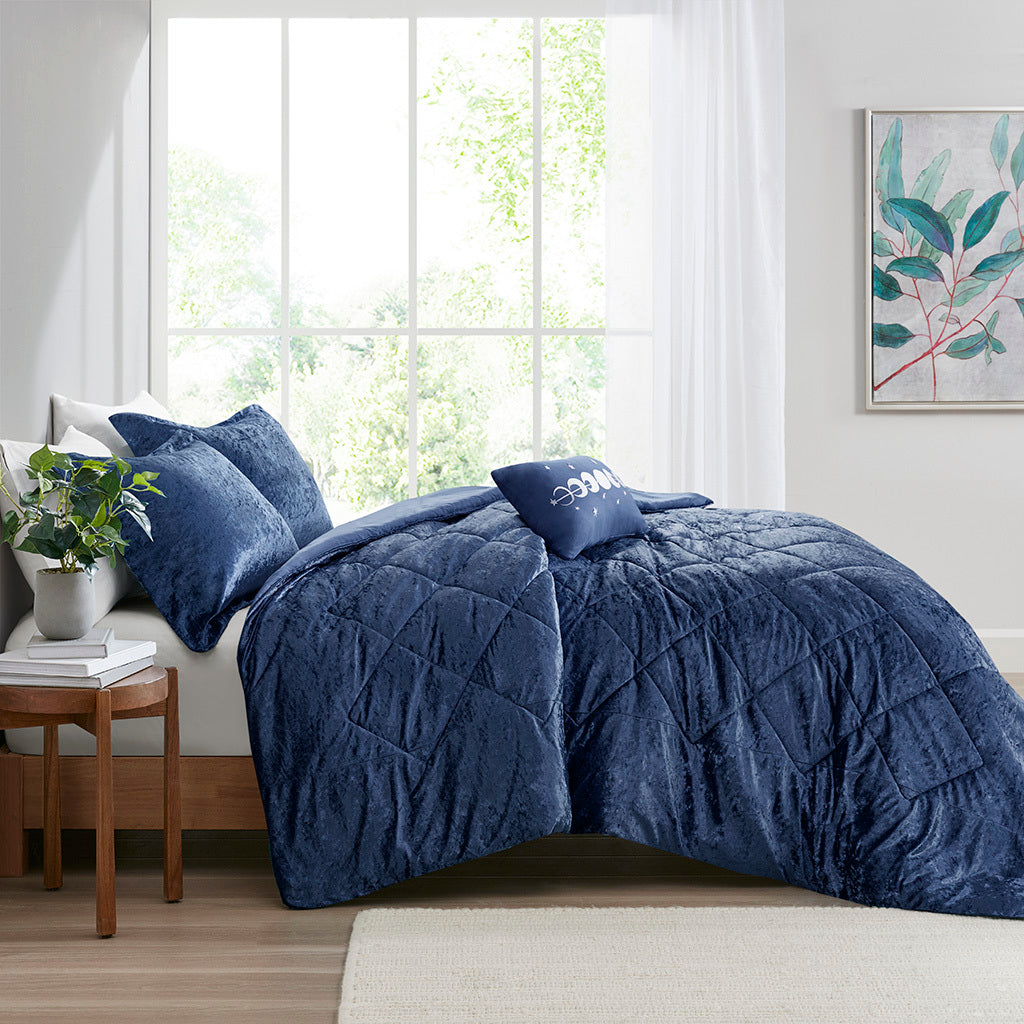 Velvet Comforter Set Full Navy Polyester