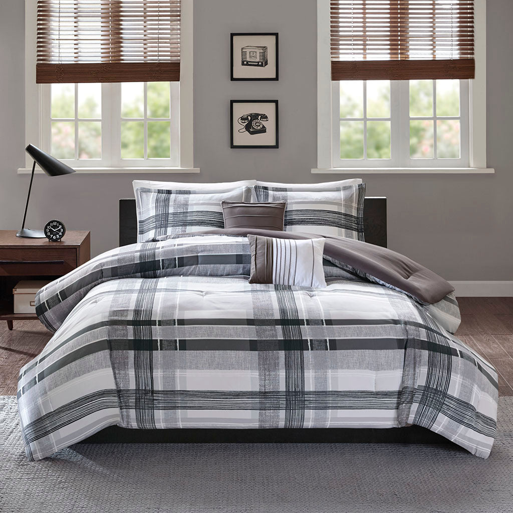 Plaid Comforter Set Full Black Polyester