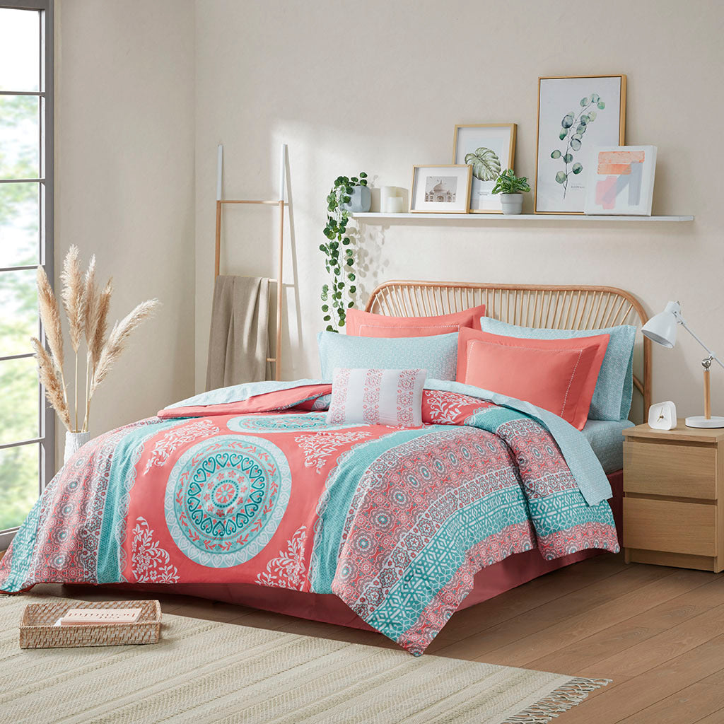 Boho Comforter Set with Bed Sheets coral-polyester