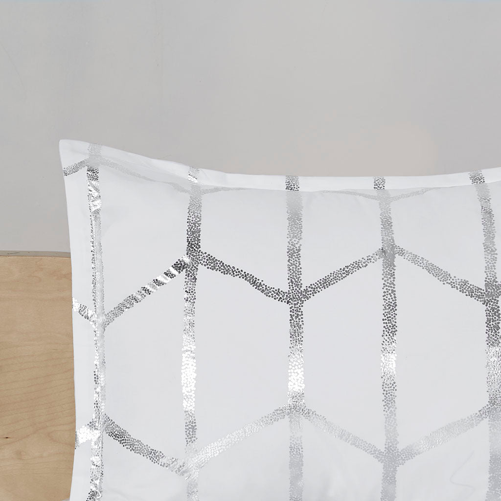 Metallic Printed Comforter Set Queen White Silver Polyester