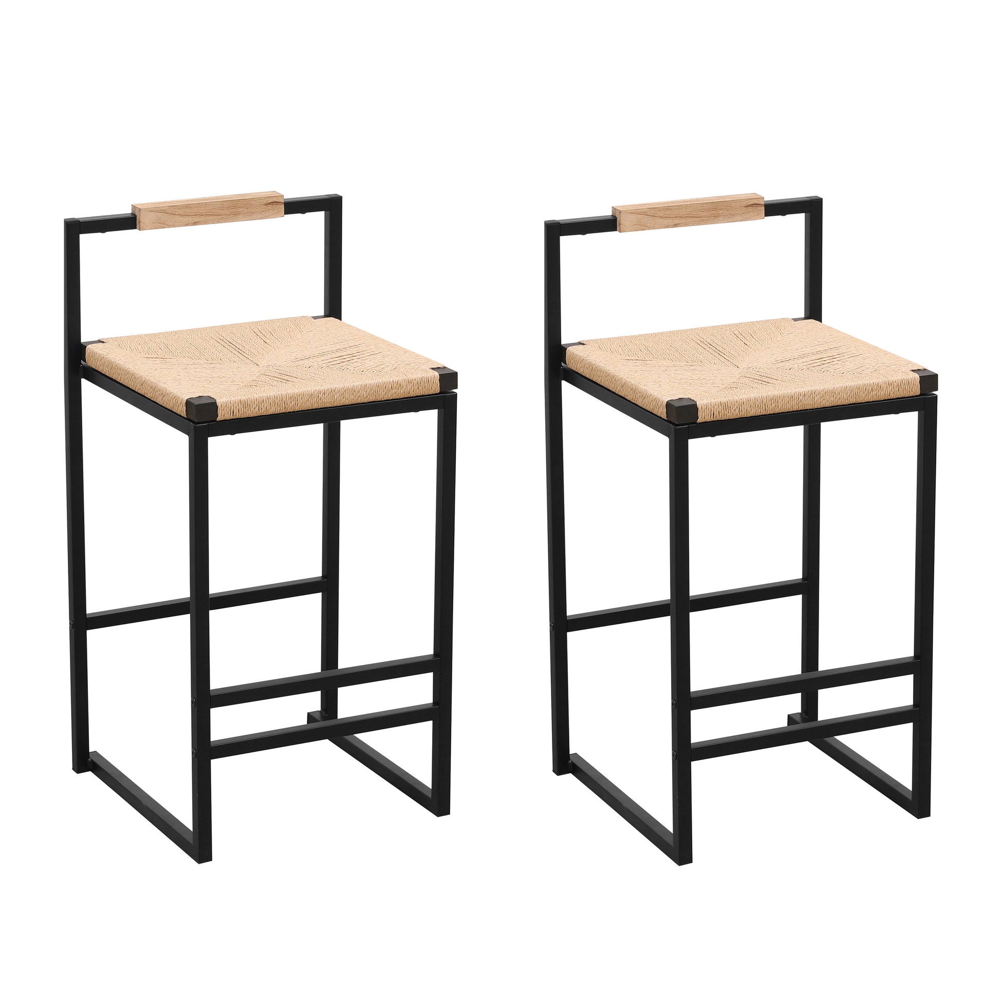 Set Of 2 Bar Stools With Back Paper Rope Woven Counter Height Dining Chairs For Kitchen, Home Paper Rope With Back Natural Metal